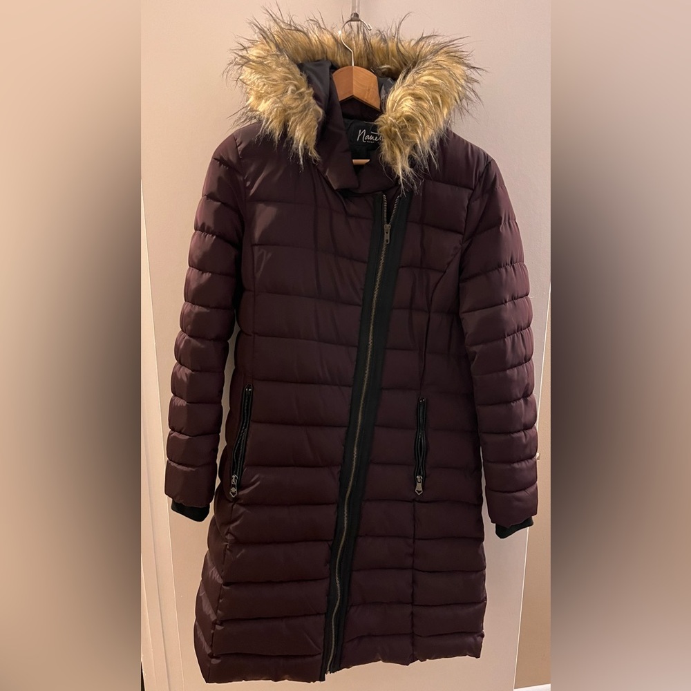 Nanette Lepore Plum Puffer Coat with Faux Fur Removable Hood